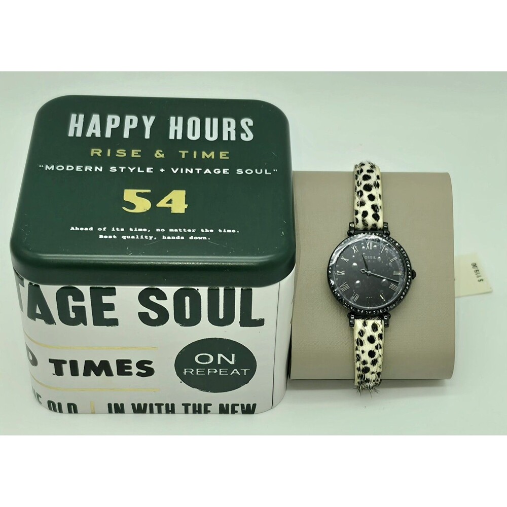 Fossil Jacqueline Black Leopard Hair Leather Watch ES4728 New Battery NOS Tags